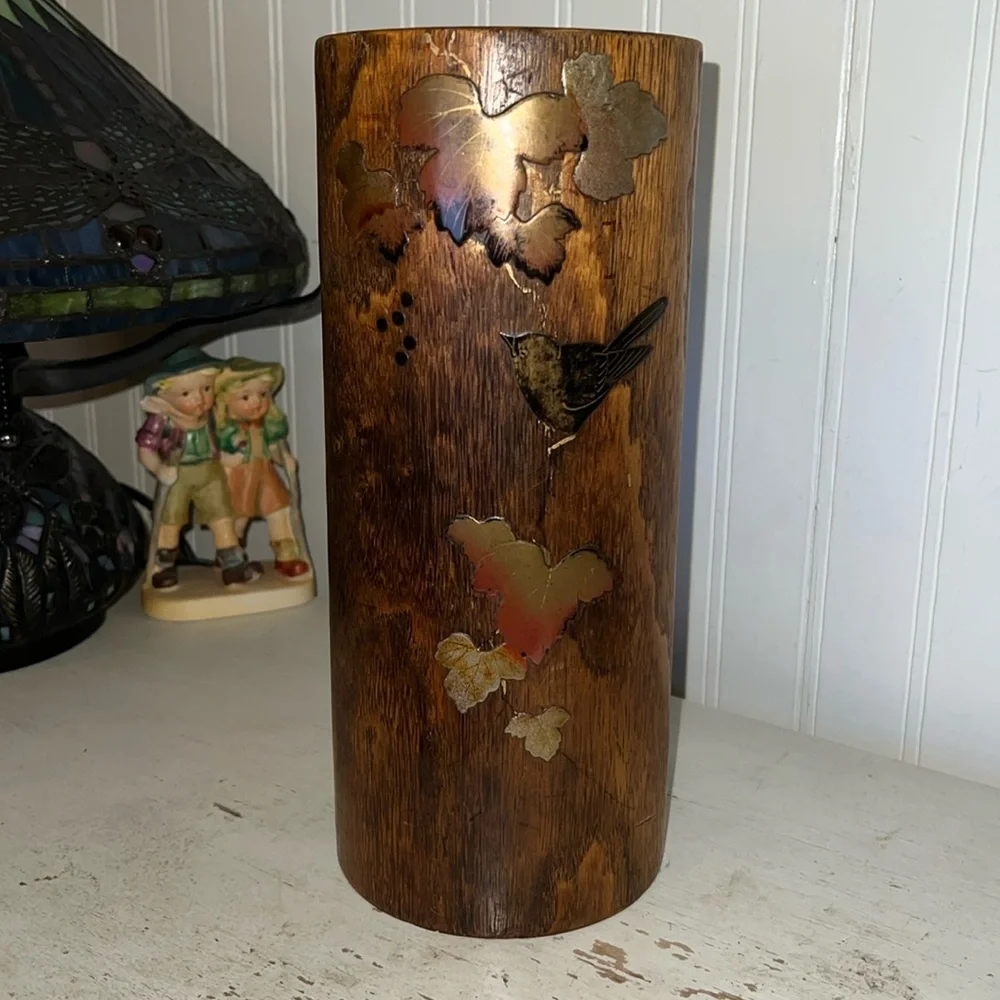 Gorgeous Vintage inlaid solid wood copper tall vase Japan 11.5” x 5”